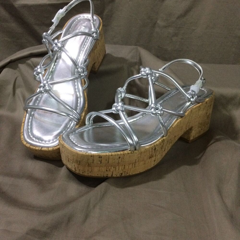 Kenneth Cole Reaction Essa Knots Metallic Silver Cork Platform Wedge Sandals 10M
